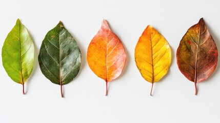 Colorful gradient of leaves showcasing seasonal changes from green to yellow and red on plain background with Copy Space.