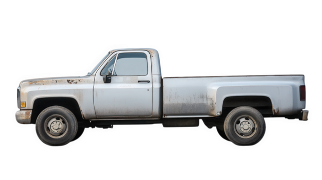 a vintage pickup truck. characterized by its weathered exterior. faded paint. and classic design the truck is positioned in profile. highlighting its elongated bed and simple lines. evoking nostalgia