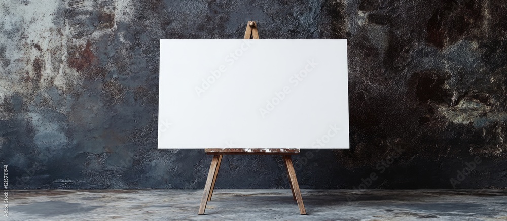 Poster blank canvas on an easel against a textured, painted wall with subtle color variations and copy spac