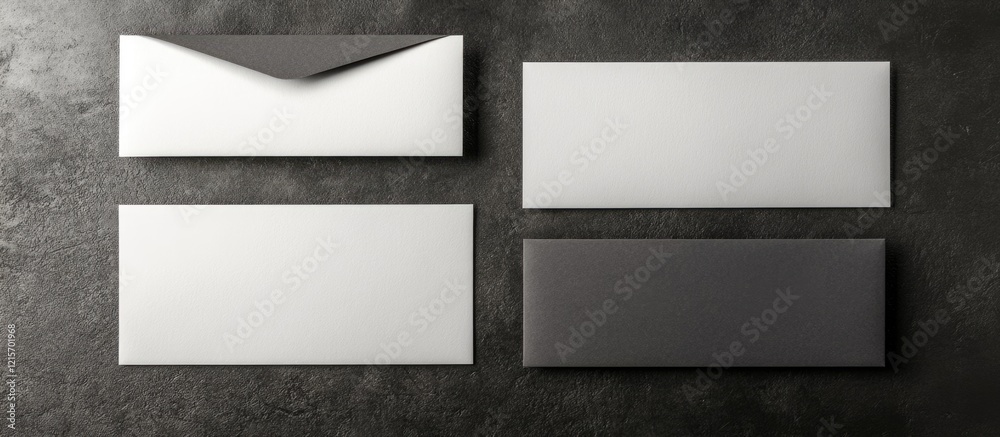 Poster minimalistic set of blank envelopes in white and gray colors on a dark textured surface with copy sp