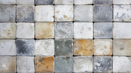 Fototapeta premium Textured square concrete blocks arranged in a grid pattern showcasing various shades of gray and rust with Copy Space for design purposes.