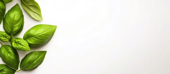 Fresh green basil leaves on a white background with copy space for text placement