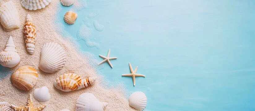 Seashells and starfish on sandy beach with aqua blue water and light brown sand Copy Space