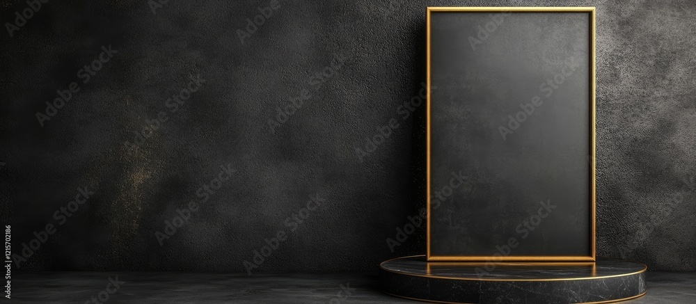 Poster empty rectangular black chalkboard framed in gold displayed on a dark textured background with circu