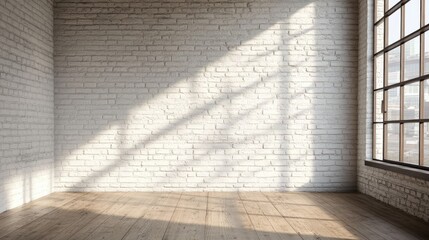 Empty sunlit interior room with white brick walls and wooden floor, large windows casting shadows, Copy Space available.