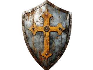 a weathered shield featuring a prominent yellow cross on a blue background. showcasing signs of age and wear. suggesting historical significance or a connection to medieval themes the shield's design
