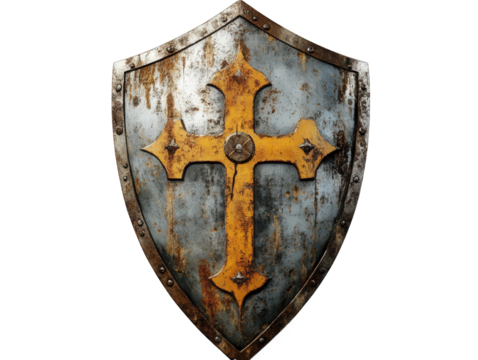 a weathered shield featuring a prominent yellow cross on a blue background. showcasing signs of age and wear. suggesting historical significance or a connection to medieval themes the shield's design - Powered by Adobe