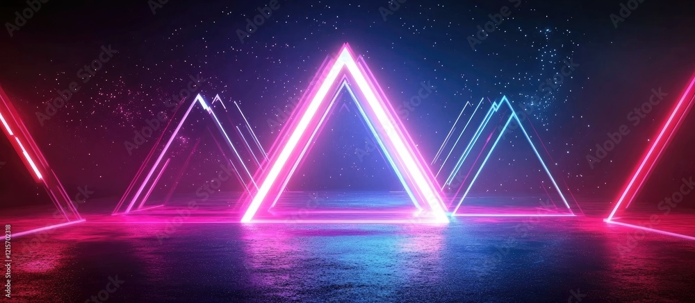 Poster neon geometric shapes with glowing triangular patterns in a dark space illuminated by colorful light