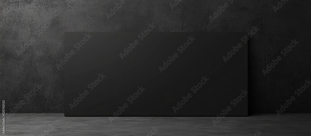 Poster black blank rectangular panel against a dark textured wall in an indoor setting with ample copy spac