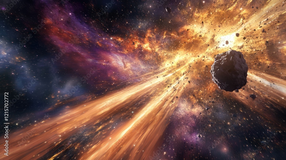 Poster vivid cosmic explosion with asteroid in motion through a colorful nebula with rays of light and copy