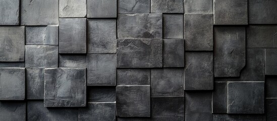 Textured dark geometric wall tiles with varying sizes and shapes providing depth and contrast Copy Space