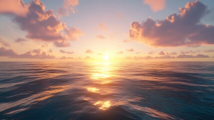 Fototapeta premium Serene sunset over calm ocean waters with soft clouds reflecting golden light