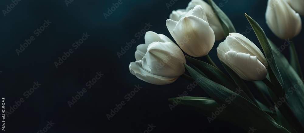 Poster white tulips in soft focus against a dark background with copy space for text placement