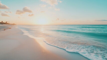 Serene beach at sunset with gentle waves lapping the shore and a vibrant sky in the background