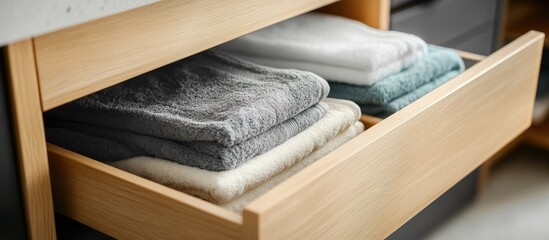 Neatly organized soft towels in a wooden drawer with copy space for text insertion