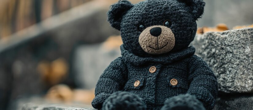 Knitted black teddy bear seated on stone steps surrounded by fallen leaves with natural light and Copy Space - Powered by Adobe