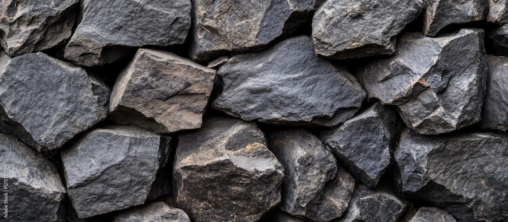 Poster Texture of stacked gray stones creating a rugged background with uneven surfaces and shapes Copy Space