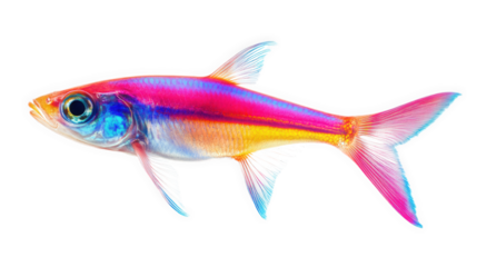a vibrant. multicolored fish with striking hues of pink. blue. and yellow. showcasing its iridescent scales and detailed features the fish is set against a clean white background. emphasizing its colo
