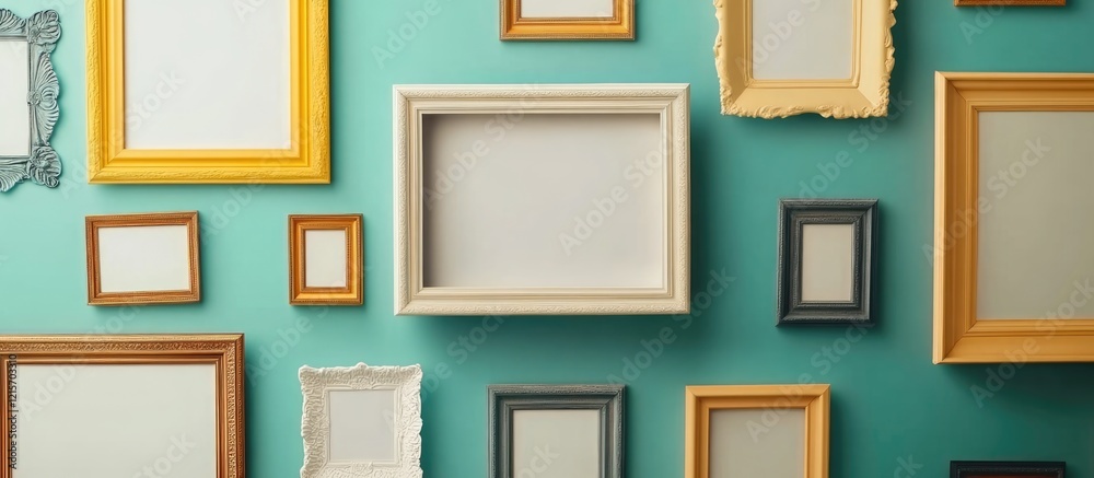 Poster variety of empty picture frames in different colors and styles on a teal wall with copy space for te