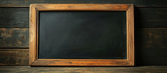 Wooden framed chalkboard on a rustic wooden background with ample copy space for text placement.