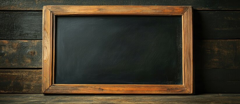 Wooden framed chalkboard on a rustic wooden background with ample copy space for text placement.