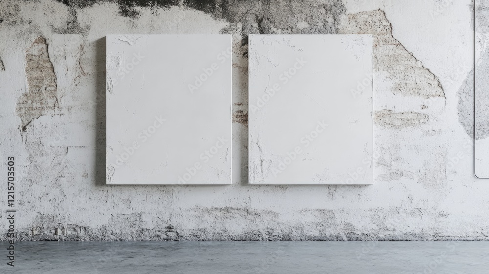 Poster empty white canvases on a textured concrete wall in an art gallery setting with ample copy space for