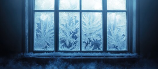 Frosted window with intricate ice patterns overlooking a winter landscape with soft snowdrifts and cool blue tones Copy Space