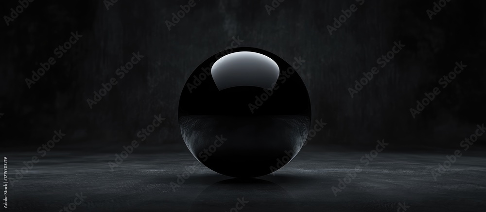 Poster black glossy sphere on a dark background with soft shadows and copy space for placement of text
