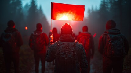 Obraz premium Hikers with red flag, night forest, foggy trail, group navigation, adventure travel