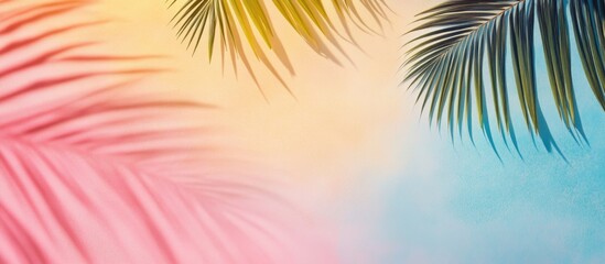 Fototapeta premium Colorful abstract background with palm leaves in pink and green hues with soft gradient colors and copy space for text placement.