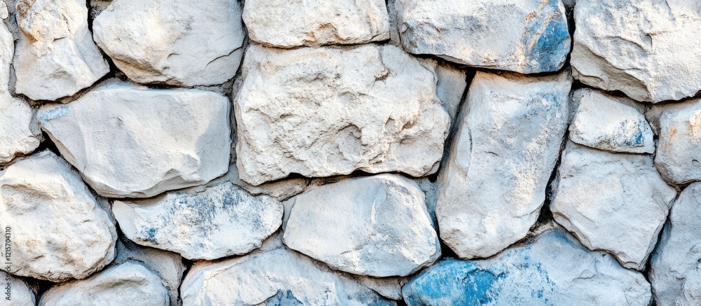 Poster textured background of rough light-colored stones arranged in a dry-stacked pattern with visible cre