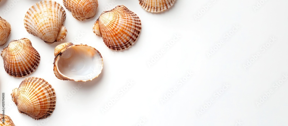 Poster Sea shells scattered on a light background with ample Copy Space for text insertion.