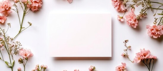 Obraz premium Blank white card surrounded by delicate pink flowers and green foliage on a light background with Copy Space for text placement.