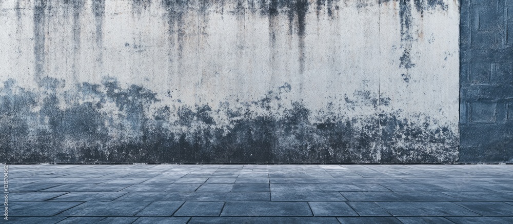 Poster grungy textured wall with moisture stains and tiled floor in an empty space with copy space for text
