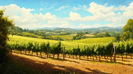Naklejka premium Serene panoramic view of lush organic vineyard landscape with vibrant greenery and open sky ideal for text overlay or promotional content
