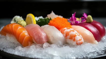 Assorted sushi selection on ice featuring vibrant fish fillets garnished with wasabi and decorative herbs