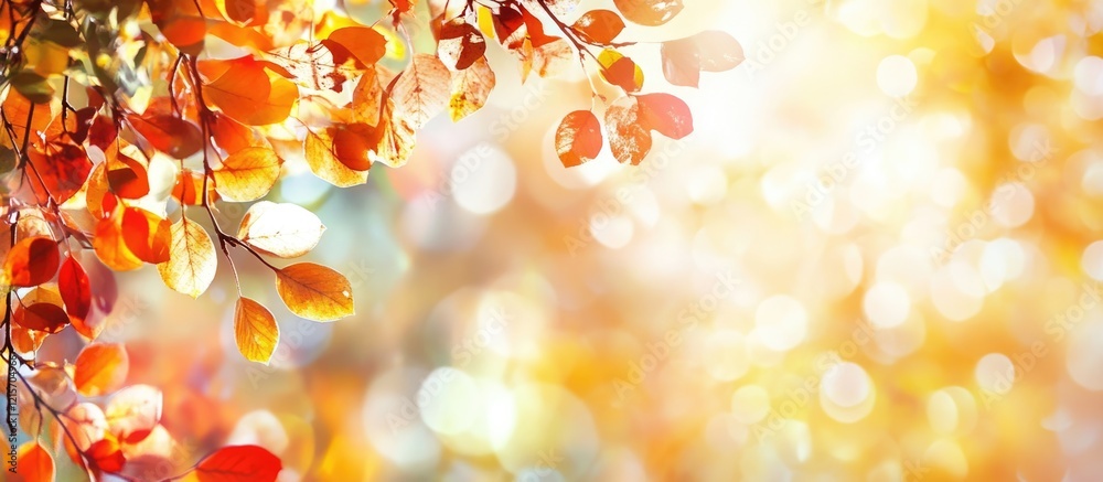 Poster Autumn leaves with warm colors against a blurred light background featuring soft bokeh and ample copy space for text placement.