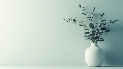 Modern Minimalist Vase with Leaves Symbolizing Wisdom and Creativity in a Serene Setting with Space for Text or Branding