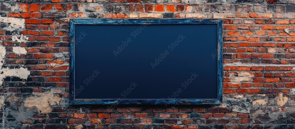 Poster blank blackboard on rustic brick wall with peeling paint and visible texture ideal for adding text o