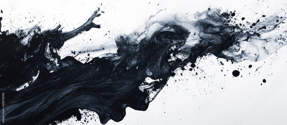 Poster abstract black ink splash on a white background with dynamic fluid shapes and copy space for text.