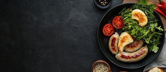 Grilled sausages with fresh greens and tomatoes on a black plate with Copy Space for text on the left side
