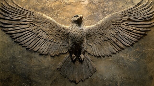 Assyrian lion eagle sculpture featuring a stunning blend of strength and grace captured in mid flight against a textured background