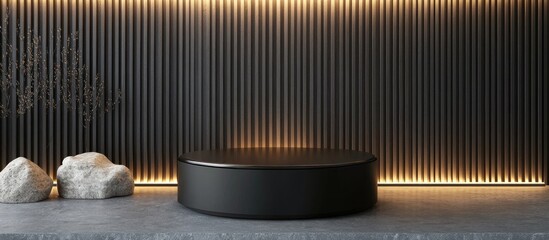 Modern minimalistic display podium with textured black wall and ambient lighting features Copy Space