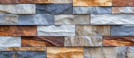 Multicolored stone wall tiles arranged in a staggered pattern with texture and detail Copy Space