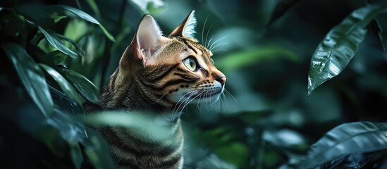 Bengal cat among lush green foliage with copy space for text