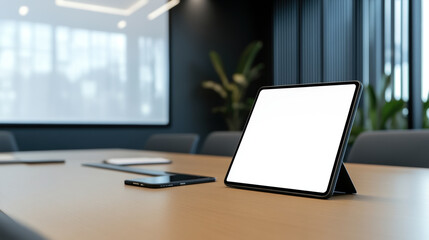 tablet with blank screen on desk in modern office setting, surrounded by technology and plants, creating professional atmosphere