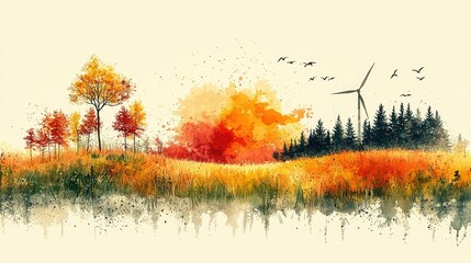 Autumnal Landscape Featuring Wind Turbine and Colorful Trees