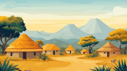 Rural African village scene with traditional huts and mountains under a serene sky ideal for text overlay and creative projects