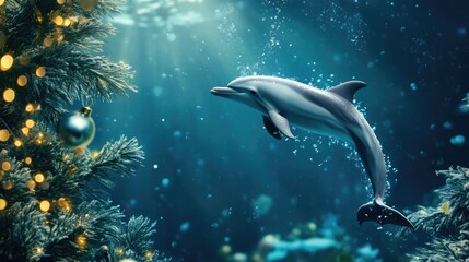 Underwater celebration with a dolphin and festive elements featuring copyspace for text placement in a joyful holiday scene