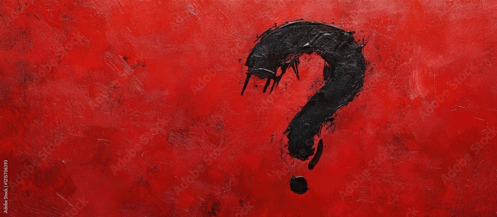 Poster red abstract background with black question mark symbol and textured paint, with ample copy space fo